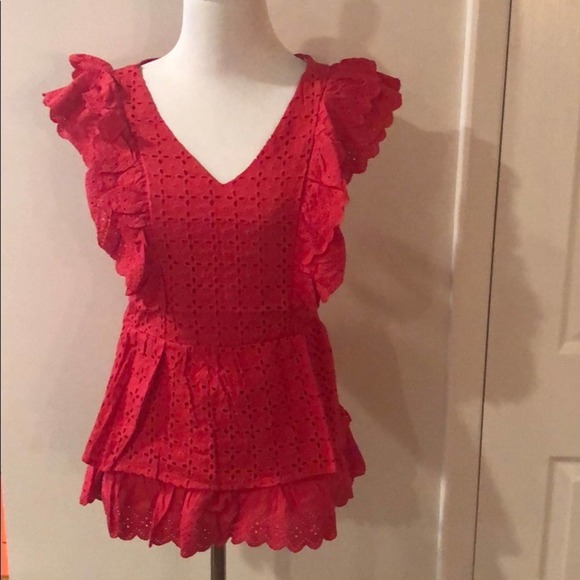 Ruffled Eyelet Top Red V Neck Blouse - Picture 3 of 6